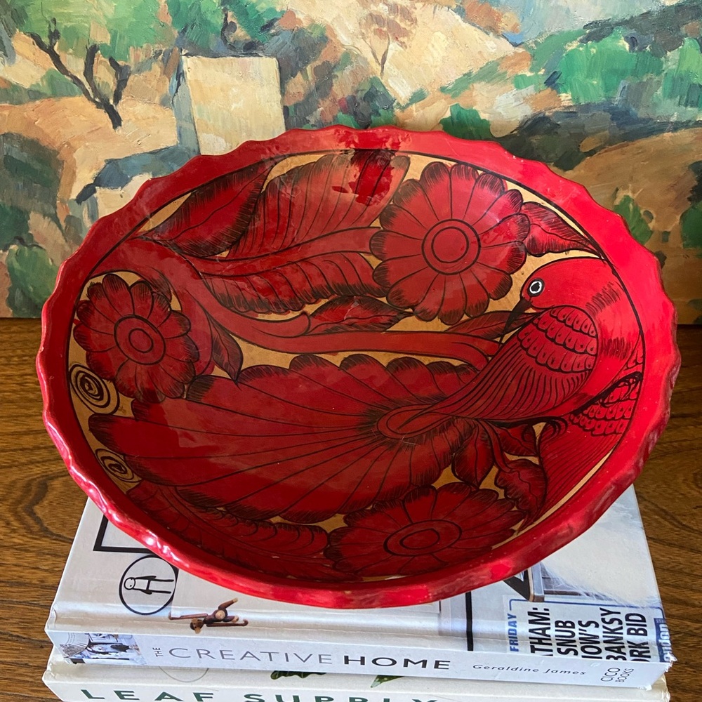 1970s Glazed Hand Painted Ceramic Decorative Bowl Red Clay